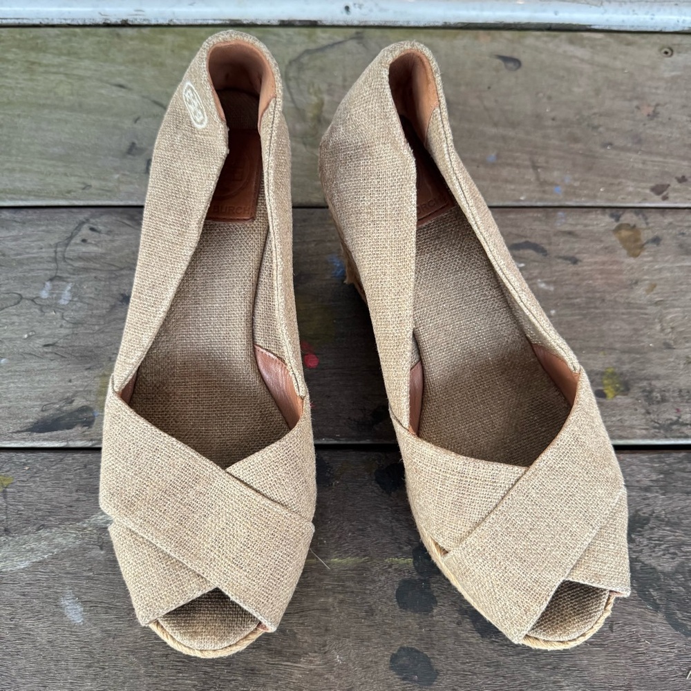 Tory Burch Tan Woven Peep Toe Wedges